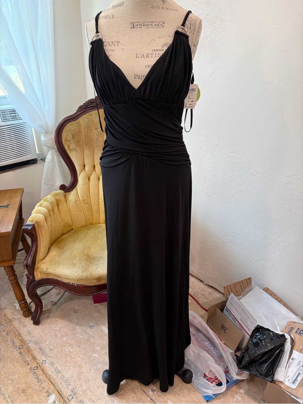 Windsor Black Ruched V-Neck Maxi Dress